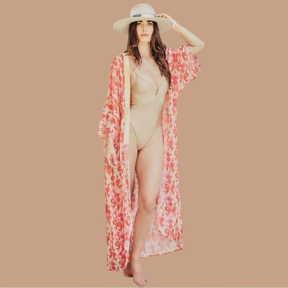 SukiSo Pink & Orange Ikat ‘Women’s Goddess Kimono’ in “Golden Hour” OS